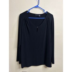 Tahari Black Long Sleeve Keyhole V-Neck Blouse Plus Size 2X Stretch Top